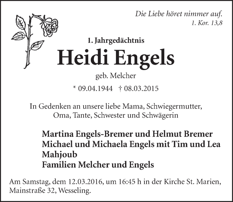  Traueranzeige für Heidi Engels vom 02.03.2016 aus  Kölner Wochenspiegel  Schlossbote/Werbekurier 