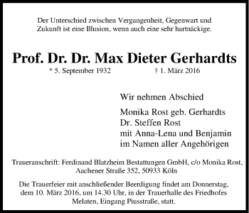 Anzeige von Dieter Gerhardts von Kölner Stadt-Anzeiger / Kölnische Rundschau / Express