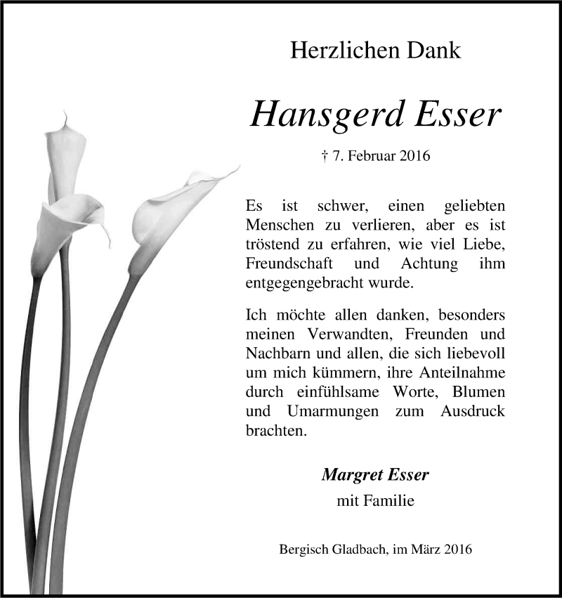  Traueranzeige für Hansgerd Esser vom 24.03.2016 aus Kölner Stadt-Anzeiger / Kölnische Rundschau / Express