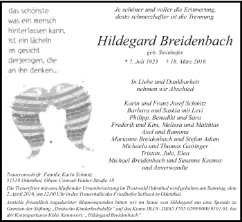 Anzeige von Hildegard Breidenbach von Kölner Stadt-Anzeiger / Kölnische Rundschau / Express