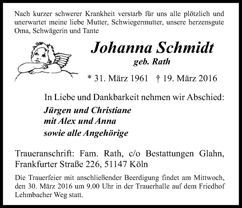  Traueranzeige für Johanna Schmidt vom 26.03.2016 aus Kölner Stadt-Anzeiger / Kölnische Rundschau / Express