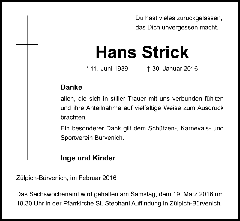  Traueranzeige für Hans Strick vom 05.03.2016 aus Kölner Stadt-Anzeiger / Kölnische Rundschau / Express
