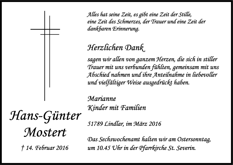  Traueranzeige für Hans-Günter Mostert vom 19.03.2016 aus Kölner Stadt-Anzeiger / Kölnische Rundschau / Express