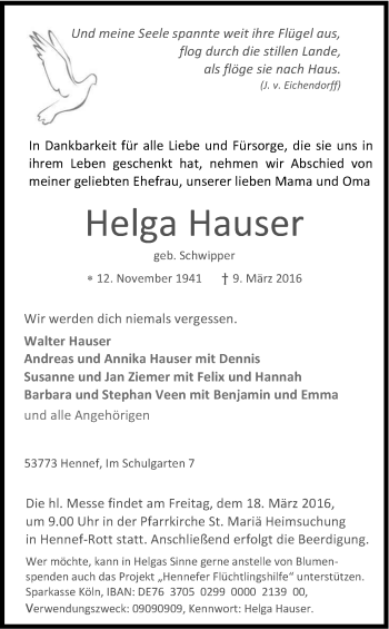 Anzeige von Helga Hauser von Kölner Stadt-Anzeiger / Kölnische Rundschau / Express