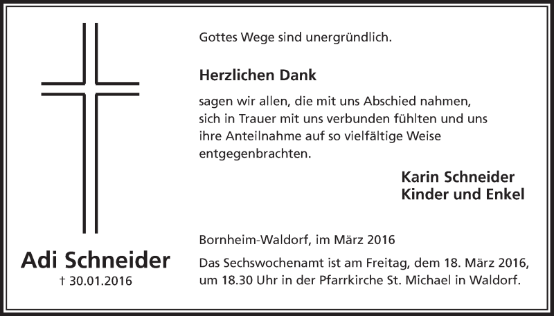  Traueranzeige für Adi Schneider vom 09.03.2016 aus  Schaufenster/Blickpunkt  Schlossbote/Werbekurier 