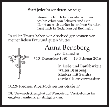 Anzeige von Anna Bensberg von  Wochenende 