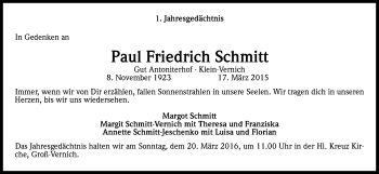 Anzeige von Paul Friedrich Schmitt von Kölner Stadt-Anzeiger / Kölnische Rundschau / Express