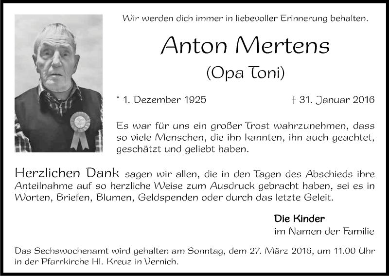  Traueranzeige für Anton Mertens vom 19.03.2016 aus Kölner Stadt-Anzeiger / Kölnische Rundschau / Express