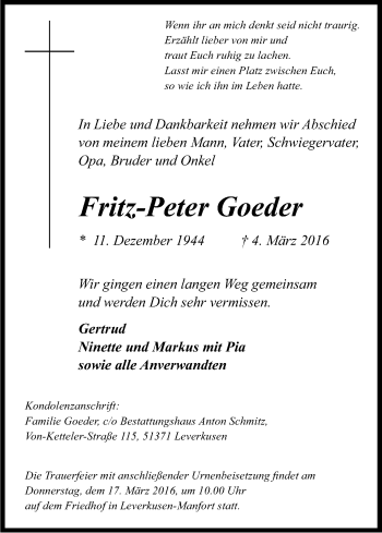 Anzeige von Fritz-Peter Goeder von Kölner Stadt-Anzeiger / Kölnische Rundschau / Express