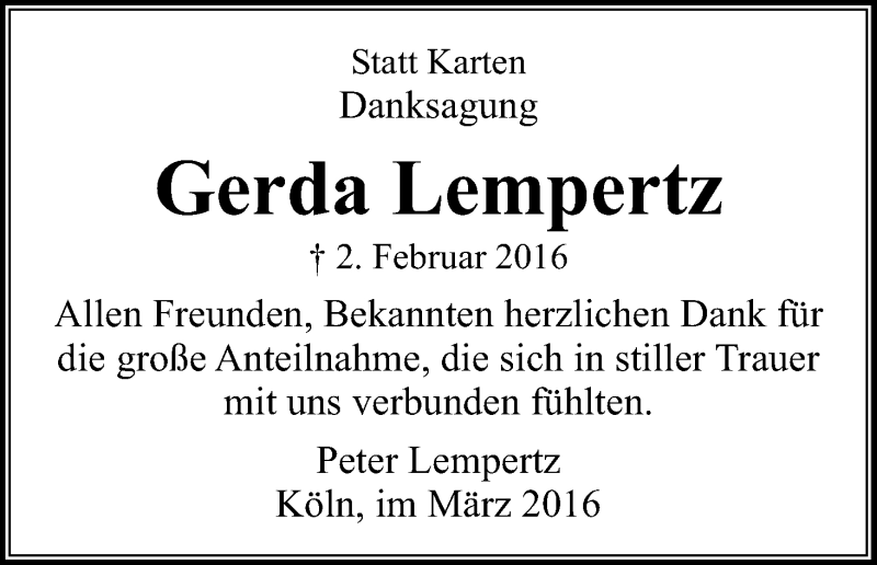  Traueranzeige für Gerda Lempertz vom 12.03.2016 aus Kölner Stadt-Anzeiger / Kölnische Rundschau / Express