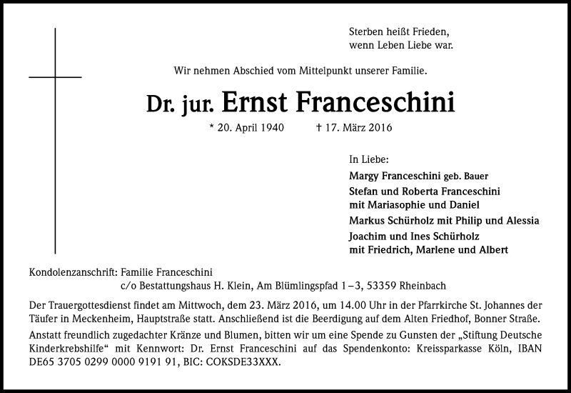  Traueranzeige für Ernst Franceschini vom 21.03.2016 aus Kölner Stadt-Anzeiger / Kölnische Rundschau / Express
