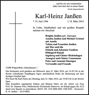 Anzeige von Karl-Heinz Janßen von Kölner Stadt-Anzeiger / Kölnische Rundschau / Express