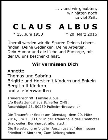 Anzeige von Claus Albus von Kölner Stadt-Anzeiger / Kölnische Rundschau / Express