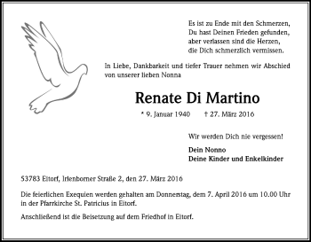 Anzeige von Renate Di Martino von Kölner Stadt-Anzeiger / Kölnische Rundschau / Express