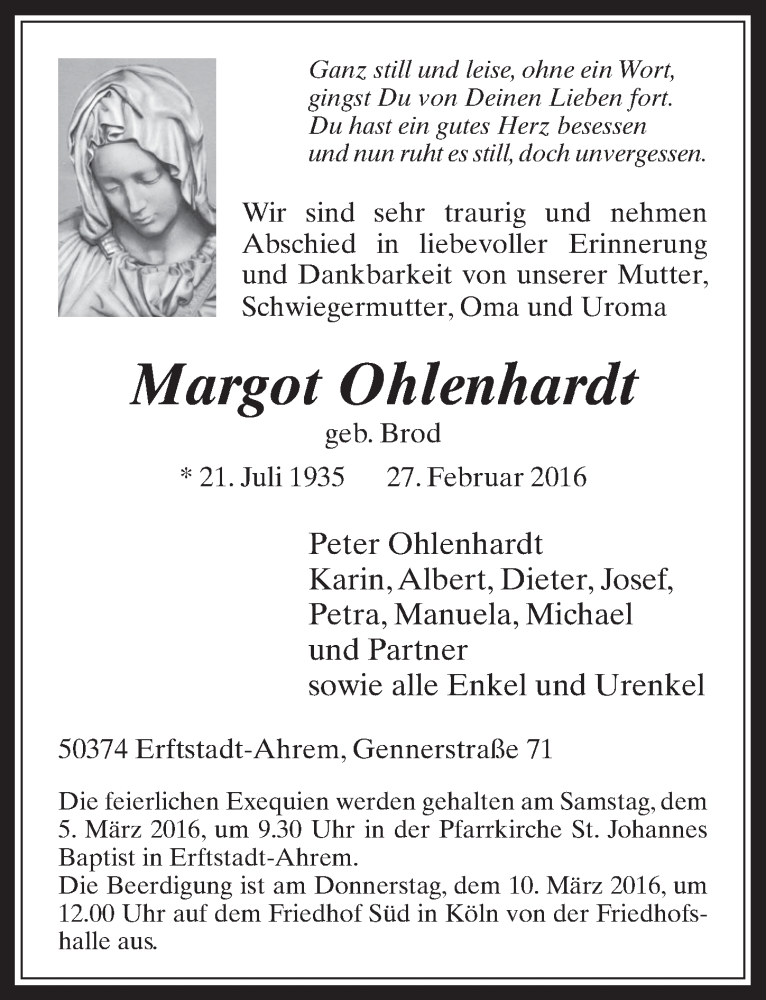  Traueranzeige für Margot Ohlenhardt vom 02.03.2016 aus  Werbepost 