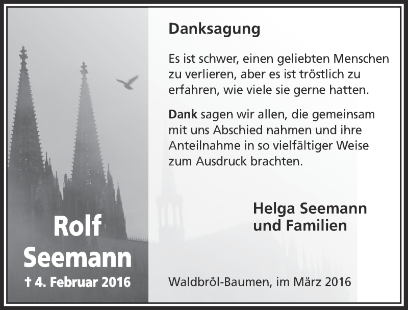  Traueranzeige für Rolf Seemann vom 16.03.2016 aus  Lokalanzeiger 