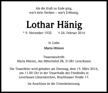 Anzeige von Lothar Hänig von Kölner Stadt-Anzeiger / Kölnische Rundschau / Express