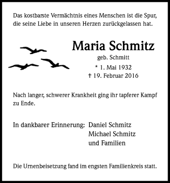 Anzeige von Maria Schmitz von Kölner Stadt-Anzeiger / Kölnische Rundschau / Express