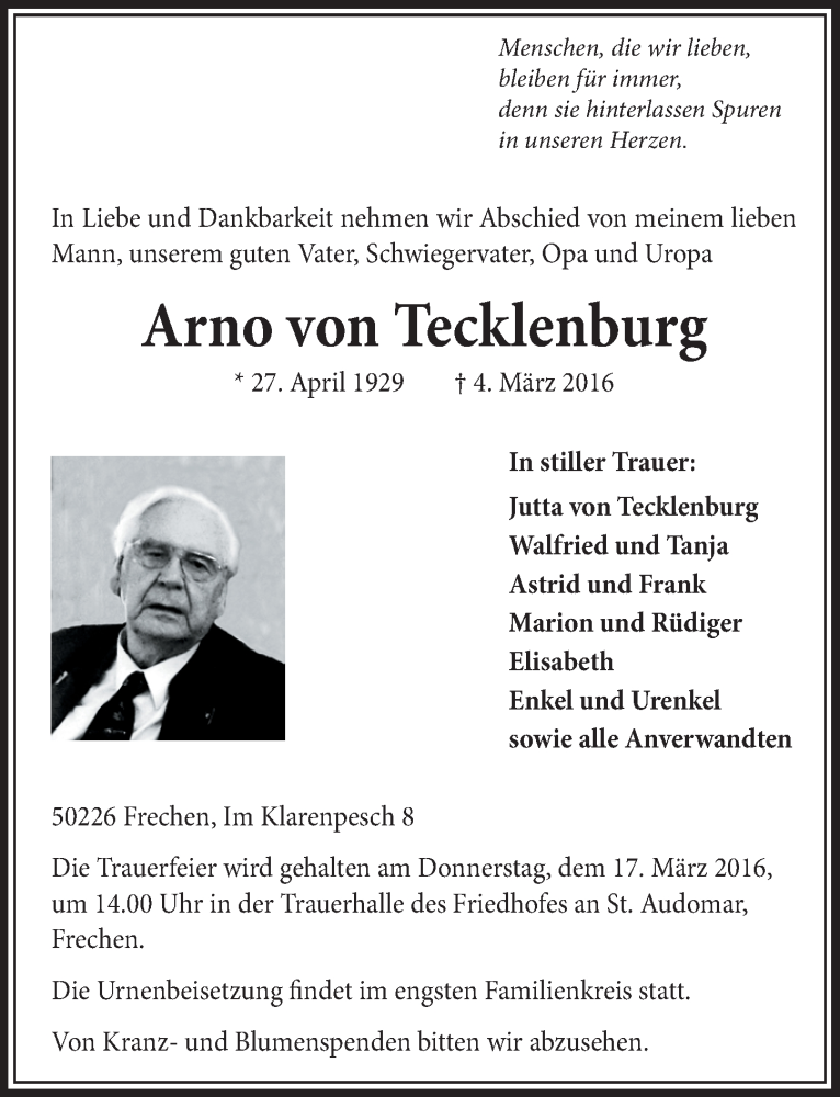  Traueranzeige für Arno von Tecklenburg vom 12.03.2016 aus  Sonntags-Post 