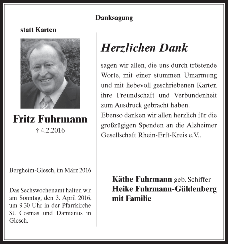  Traueranzeige für Fritz Fuhrmann vom 30.03.2016 aus  Werbepost 