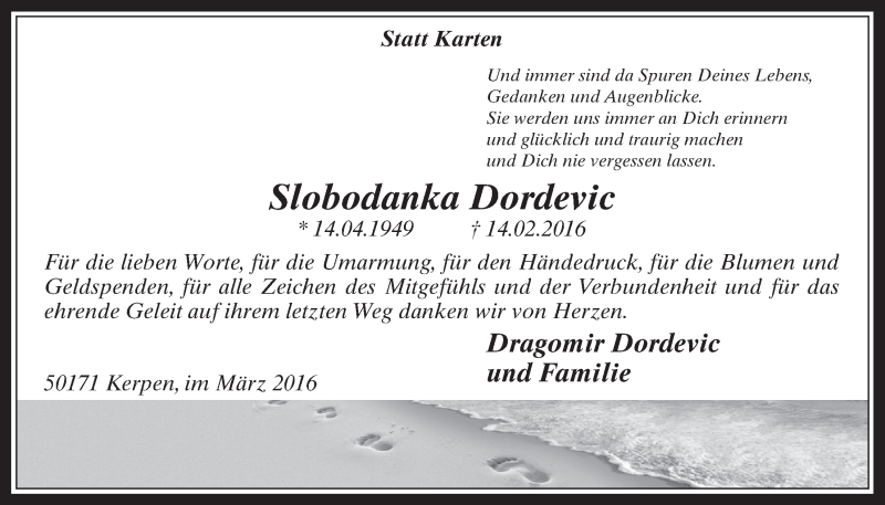  Traueranzeige für Slobodanka Dordevic vom 23.03.2016 aus  Werbepost 