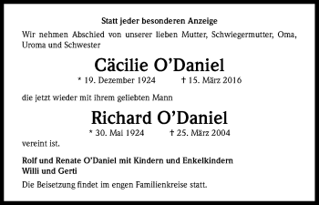 Anzeige von Richard O’Daniel von Kölner Stadt-Anzeiger / Kölnische Rundschau / Express