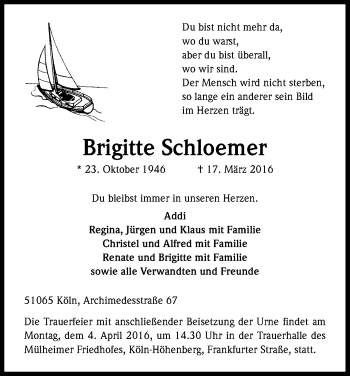 Anzeige von Brigitte Schloemer von Kölner Stadt-Anzeiger / Kölnische Rundschau / Express
