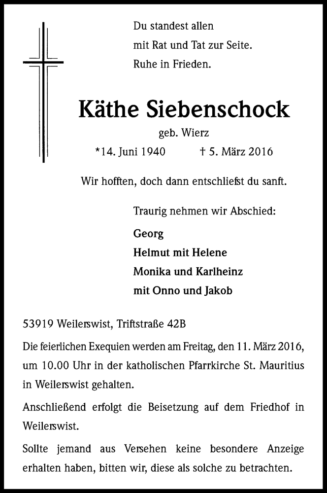  Traueranzeige für Käthe Siebenschock vom 08.03.2016 aus Kölner Stadt-Anzeiger / Kölnische Rundschau / Express