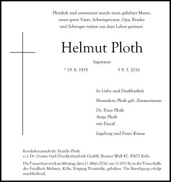 Anzeige von Helmut Ploth von Kölner Stadt-Anzeiger / Kölnische Rundschau / Express