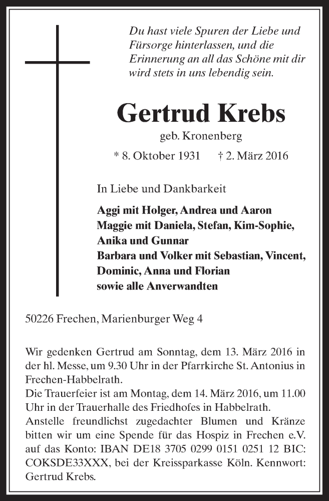  Traueranzeige für Gertrud Krebs vom 09.03.2016 aus  Wochenende 