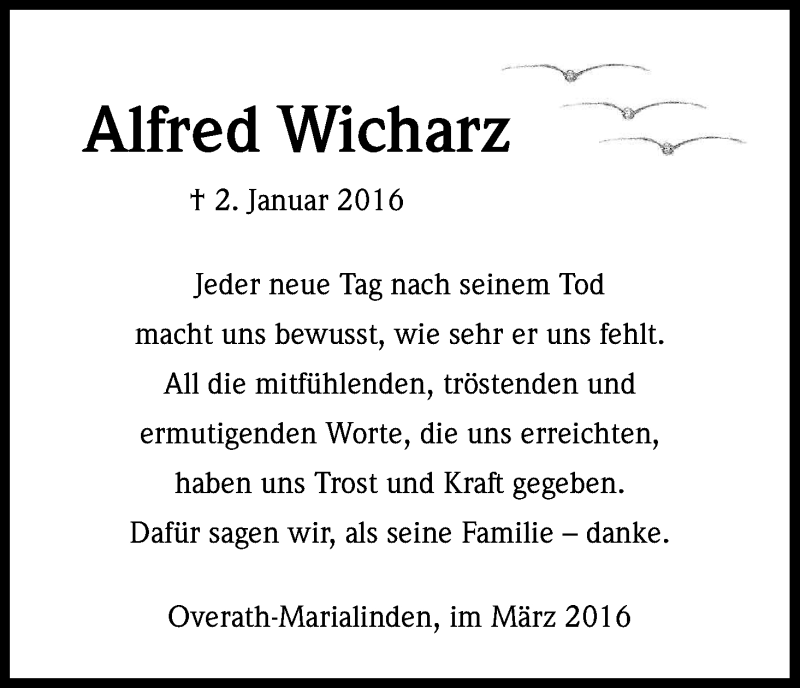  Traueranzeige für Alfred Wicharz vom 26.03.2016 aus Kölner Stadt-Anzeiger / Kölnische Rundschau / Express