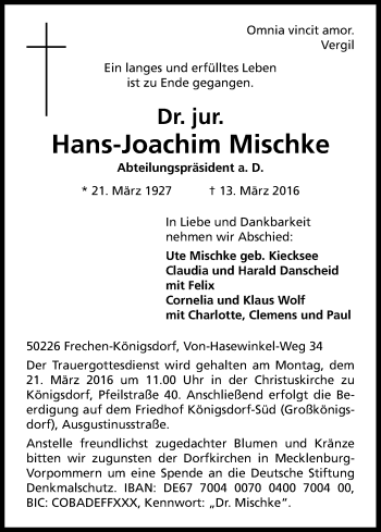 Anzeige von Hans-Joachim Mischke von Kölner Stadt-Anzeiger / Kölnische Rundschau / Express