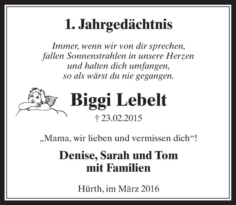  Traueranzeige für Biggi Lebelt vom 09.03.2016 aus  Wochenende 