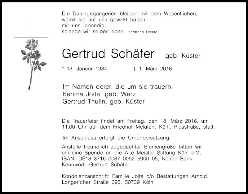  Traueranzeige für Gertrud Schäfer vom 12.03.2016 aus Kölner Stadt-Anzeiger / Kölnische Rundschau / Express