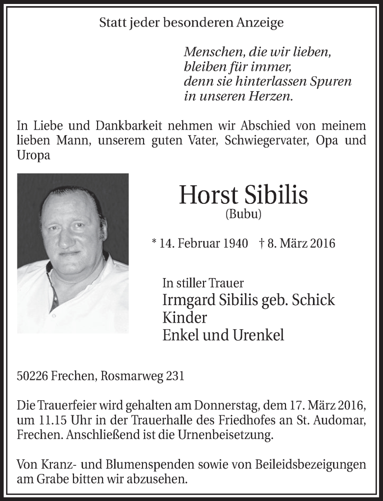  Traueranzeige für Horst Sibilis vom 12.03.2016 aus  Sonntags-Post 