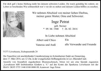 Anzeige von Inge Petrat von Kölner Stadt-Anzeiger / Kölnische Rundschau / Express