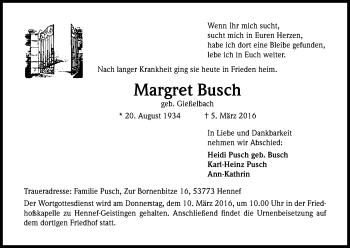 Anzeige von Margret Busch von Kölner Stadt-Anzeiger / Kölnische Rundschau / Express