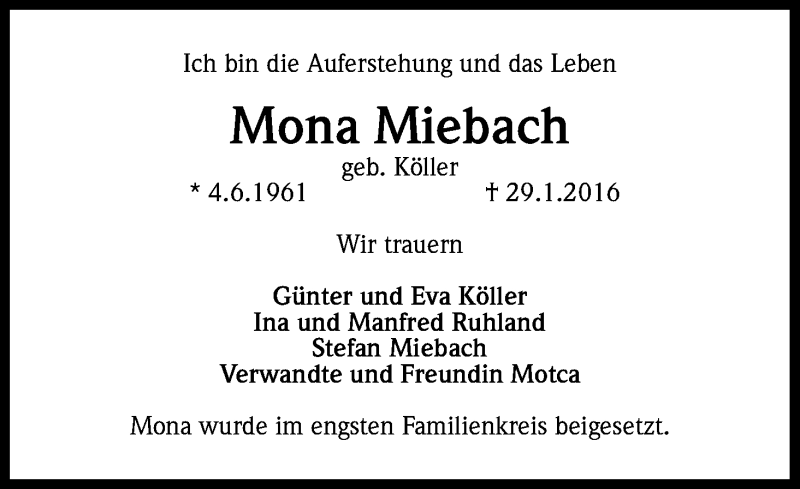  Traueranzeige für Mona Miebach vom 05.03.2016 aus Kölner Stadt-Anzeiger / Kölnische Rundschau / Express
