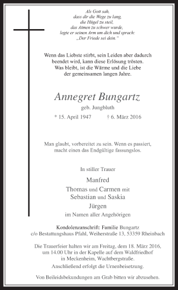 Anzeige von Annegret Bungartz von  Schaufenster/Blickpunkt 
