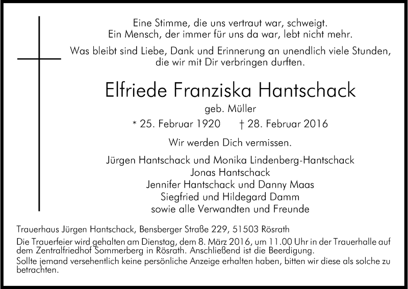  Traueranzeige für Elfriede Franziska Hantschack vom 04.03.2016 aus Kölner Stadt-Anzeiger / Kölnische Rundschau / Express