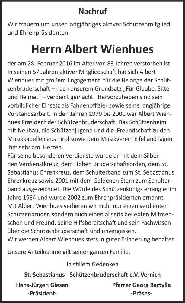  Traueranzeige für Albert Wienhues vom 06.03.2016 aus  Blickpunkt Euskirchen 