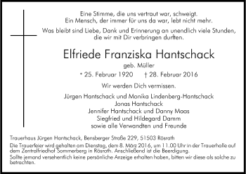 Anzeige von Elfriede Franziska Hantschack von Kölner Stadt-Anzeiger / Kölnische Rundschau / Express