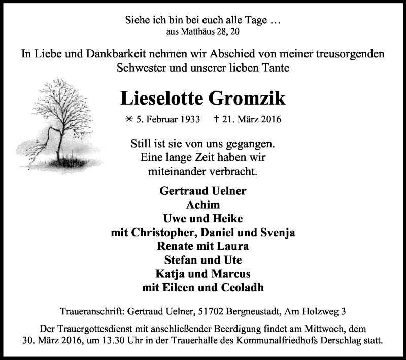 Traueranzeige für Lieselotte Gromzik vom 26.03.2016 aus Kölner Stadt-Anzeiger / Kölnische Rundschau / Express