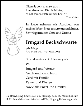 Anzeige von Irmgard Beckschwarte von Kölner Stadt-Anzeiger / Kölnische Rundschau / Express