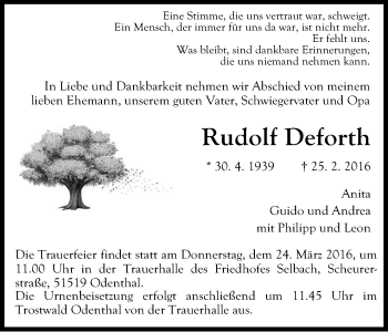 Anzeige von Rudolf Deforth von Kölner Stadt-Anzeiger / Kölnische Rundschau / Express