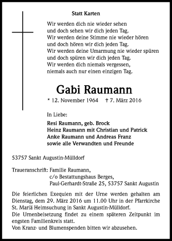Anzeige von Gabi Raumann von Kölner Stadt-Anzeiger / Kölnische Rundschau / Express