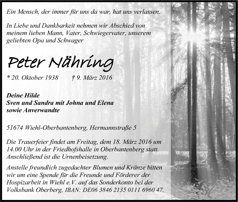  Traueranzeige für Peter Nähring vom 12.03.2016 aus Kölner Stadt-Anzeiger / Kölnische Rundschau / Express