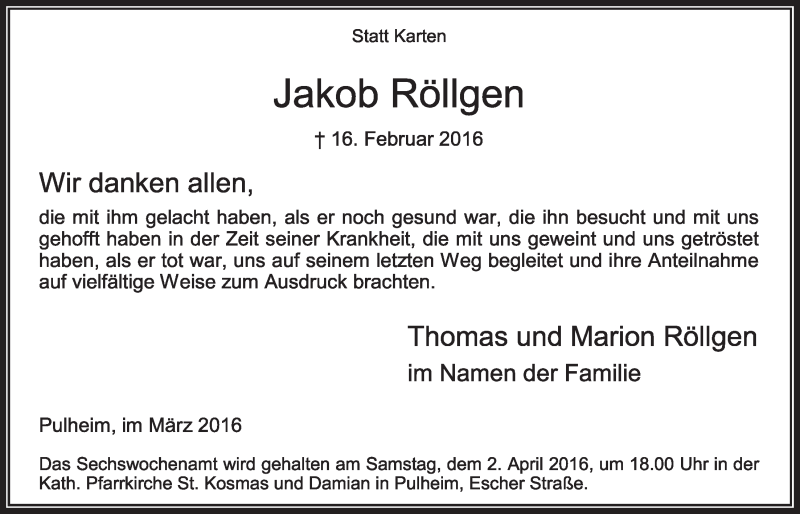  Traueranzeige für Jakob Röllgen vom 19.03.2016 aus  Sonntags-Post 