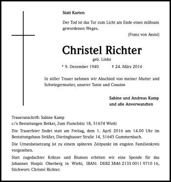 Anzeige von Christel Richter von Kölner Stadt-Anzeiger / Kölnische Rundschau / Express