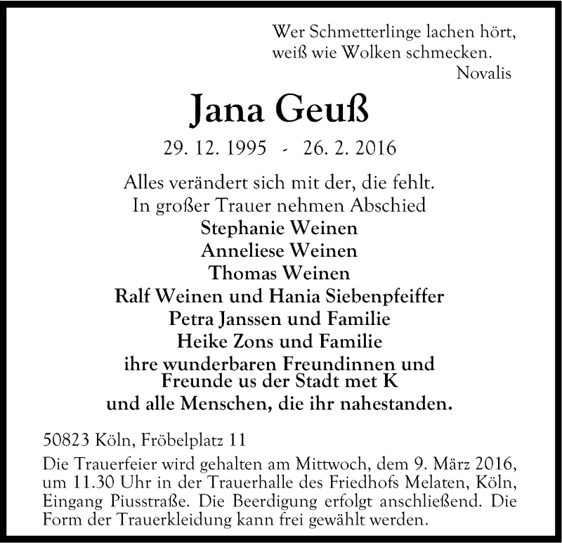  Traueranzeige für Jana Geuß vom 05.03.2016 aus Kölner Stadt-Anzeiger / Kölnische Rundschau / Express